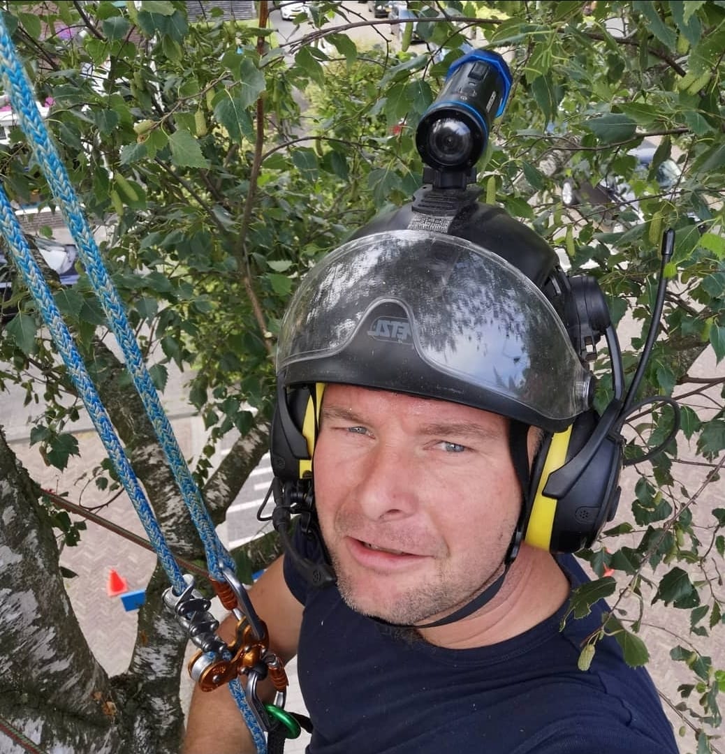 Niels Cremers met helm en klimuitrusting hoog in een boom