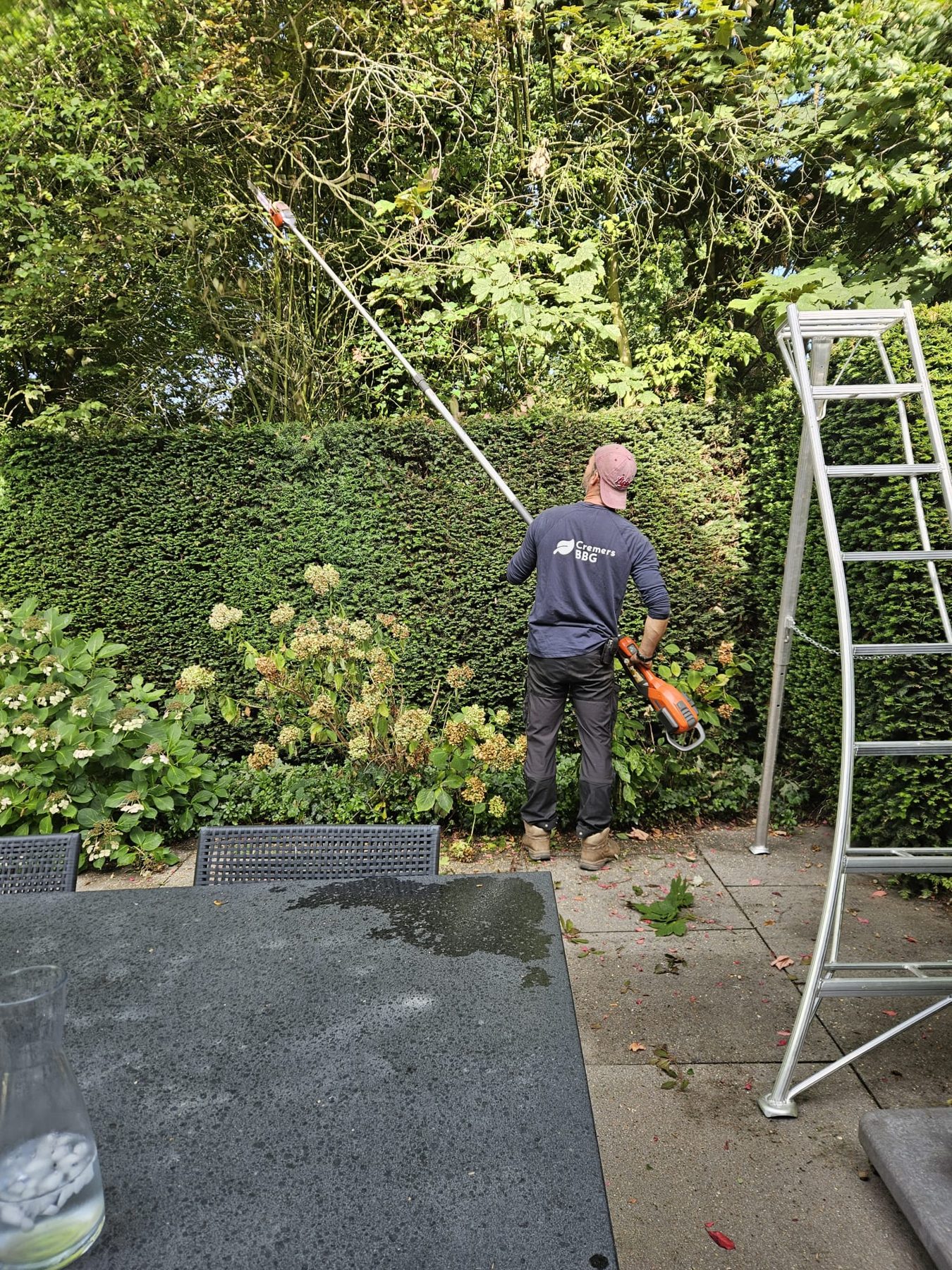 Overhangende takken worden vanaf een ladder teruggesnoeid